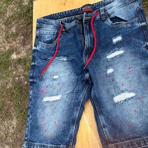 Smith & Jones Blue Distressed Jean Shorts with Red Details